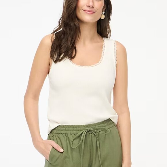 J. Crew Ribbed Lace Trim Scoopneck Slim Fit Tank Top Cream Size M NWT - Picture 1 of 6